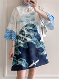 Ladies Stylish Flying Crane Pine Tree Print Dresses