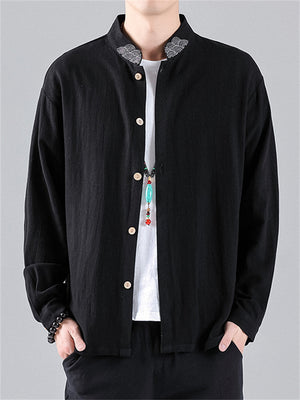 Men's Casual Embroidery Stand Collar Linen Long Sleeve Shirt