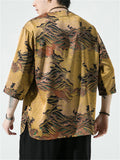 Retro Printed Ice Silk Rounded Collar Shirts for Male