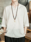 Chinese Style V-Neck Linen Blend T-shirt for Men