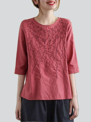 Retro Flower Embroidery Regular Fit Crew Neck Shirt for Women