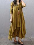 Casual V Neck Long Sleeve Swing Linen Dress