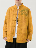 Men's Bamboo Leaf Embroidery Dragon Print Faux Suede Retro Jacket