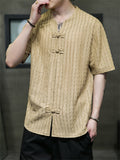 Men's V-neck Solid Jacquard Cotton Linen T-shirts