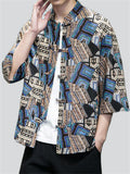 Men's Ethnic Style Print Stand Collar Knot Button Shirt