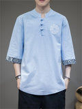 Retro Totem Embroidery Half Sleeve Linen Shirt for Men