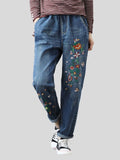 Female Leisure High-Rise Drawstring Embroidery Washed Denim Pants