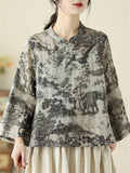 Women's Oriental Scenery Print Stand Collar Long Sleeve Shirt