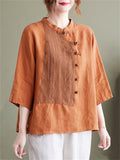 Summer Female Country Style Contrast Color Patchwork Cotton Linen Shirt