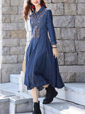 Female Lapel Embroidered Vintage A-line Denim Dress