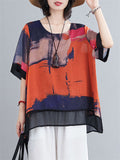 Women's Retro Print Round Neck Half Sleeve Cozy Chiffon Shirt