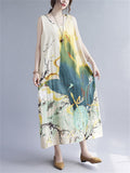 Summer Breathable Cozy Print Linen Tank Dress for Female