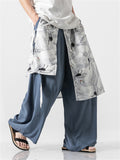 Men's Zen Ocean Wave Flying Crane Print Loose Hakama Pants