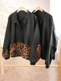 Retro Leopard Print & Black Patchwork PU Leather Jacket for Women