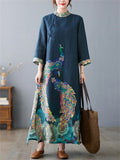 Women's Ethnic Peacock Print Cotton Linen Side Slit Dress