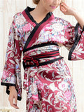 Women's Sweet V Neck Wide Sleeve Ruffled Hem Floral Kimono