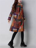 Winter Print Long-Sleeved Knee Length Woolen Dress for Lady