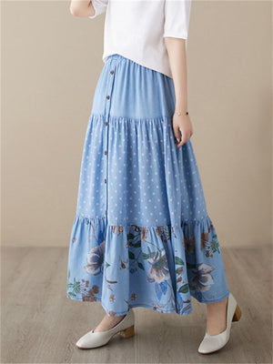 Women's Gentle Polka Dot Flower Print Pleated Denim Skirt