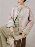 Elegant Round Neck Knot Button Pink Green Female Jacket