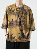 Retro Printed Ice Silk Rounded Collar Shirts for Male