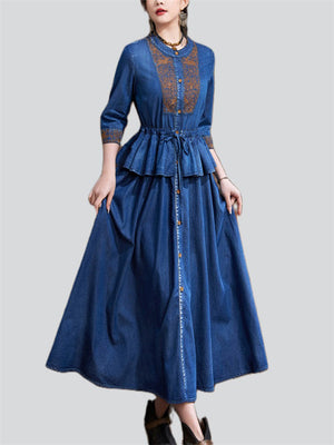 Female Elegant Lace-up Spring Summer 3/4 Sleeve Denim Dress