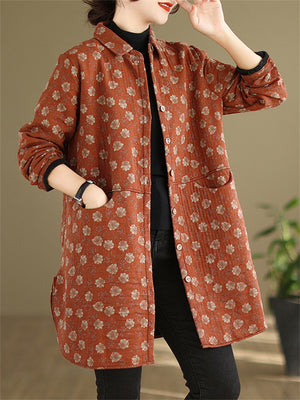 All-Over Floral Print Lapel Mid Length Coat for Lady