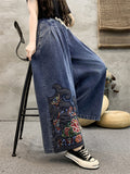 Ethnic Style Peony Embroidery Women's Wide Leg Jeans