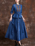 Female Elegant Lace-up Spring Summer 3/4 Sleeve Denim Dress