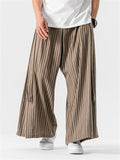 Men's Chinese Style Cotton Striped Wide Leg Pants with Strap