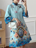 Loong Print Qipao Midi Dress for Ladies