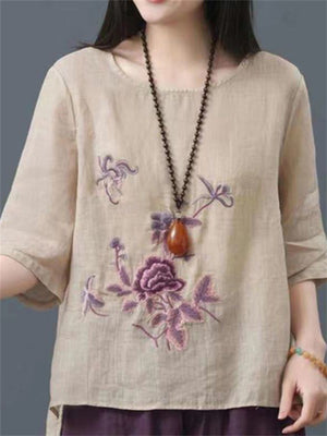 Women's Simple Floral Embroidered Round Neck Shirt