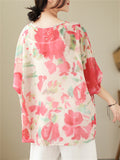 Sweet Red Floral Print See-Through Summer Shirt for Women