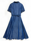 Women's Orange Leaf Embroidery Lapel Button Blue Denim Dress