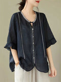 Ethnic Style Round Neck Ruffle Sleeve Transparent Shirt for Women