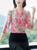 Elegant Ruffled Collar 3/4 Sleeve Floral Pattern Shirt for Women