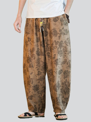 Men's Casual Grey Rose Print Loose Harem Pants