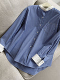 Stylish Blue Stripe Stand Collar Single-Breasted Shirt for Women