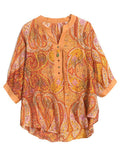 Retro Orange Paisley Print V Neck Half Sleeve Shirt for Women