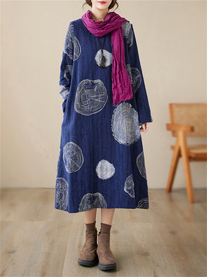 Lady Ethnic Style Polka Dot Fleece-lined Winter Cotton Linen Dress