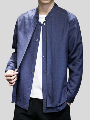 Men's Fake Two Pieces Stand Collar Button Linen Shirt