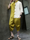 Male Color-blocked Shirt + Cropped Pants Silky Suits