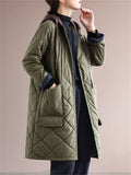 Ladies Rhombus Warm Spliced Cotton Coats Mid-length Hooded Jackets