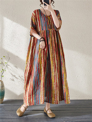 Round Neck Half Sleeve Striped Boho Dress for Women