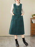 Women's Retro Daisy Embroidery Mid-Length Corduroy Dress