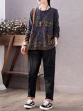 Lady Pullover Print Relaxed Literary Crew-neck Knitted Shirt