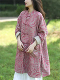 Women's Casual Leaf Print Stand Collar Cotton Linen Coat