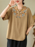 Women's Relaxed Elegant Floral Embroidered V-neck Shirts