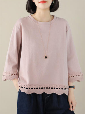 Female Lace Patchwork Crew Neck 3/4 Sleeve Shirt