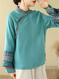 Women's Embroidery Stand Collar Cotton Linen Long Sleeve Shirt