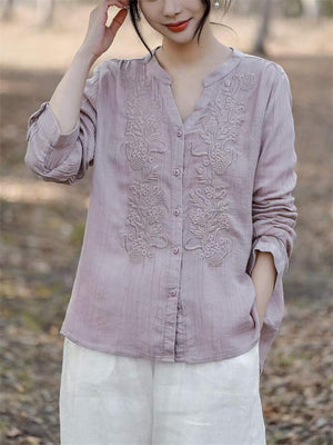 V-Neck Button Up Long Sleeve Embroidery Linen Shirt for Women